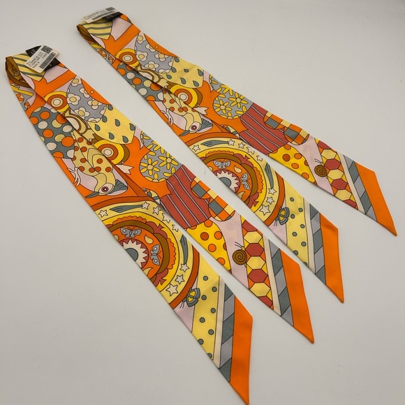 HERMES LES MURMURES DE LA FORET Set Of 2 Twilly New With Tags Orange Jaune Vif - Picture 4 of 9